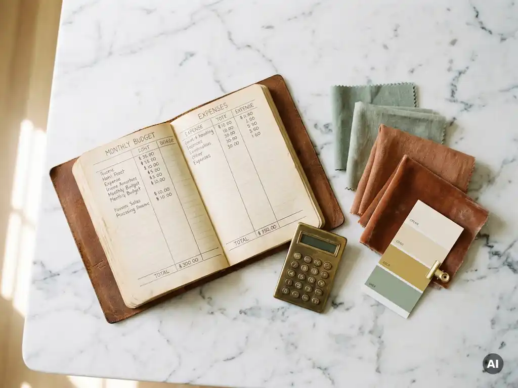 Open notitieboek met budgetkolommen, rekenmachine, stoffen in salie en terracotta en verfkleurenkaart op wit marmer.