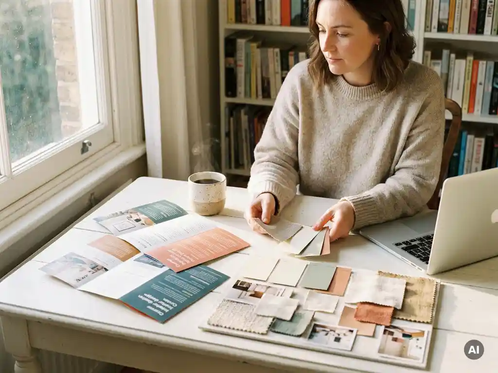 Vrouw aan wit bureau vergelijkt cursusbrochures en moodboard met stoffen en verfstalen in warm ochtendlicht.