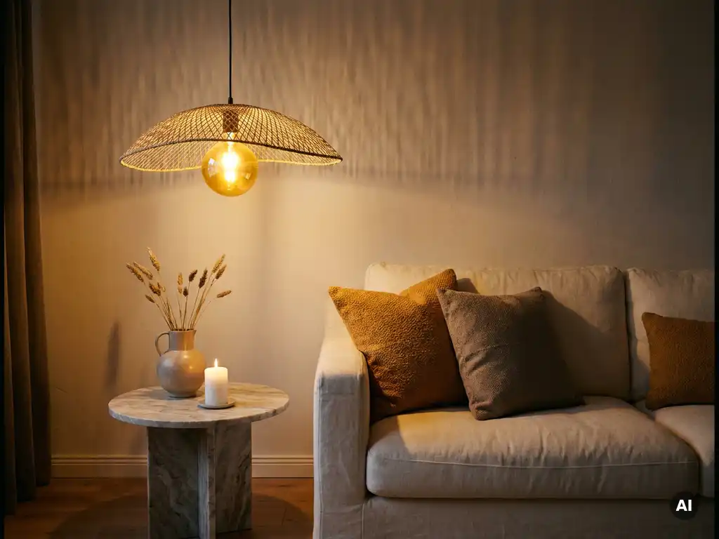 Linnen bank met textuurkussens in warme woonkamerhoek, verlicht door hanglamp met gouden gloed en marmeren bijzettafel met kaars.