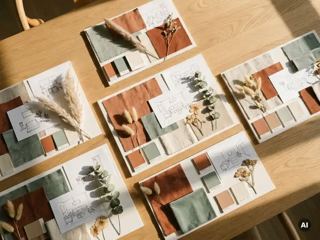Vijf interieur moodboards met stoffenstalen, verfchips en botanische droogbloemen in terracotta, salie en crème tinten op licht eiken ondergrond.
