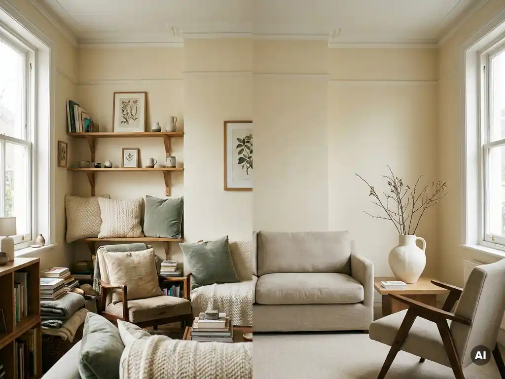 Woonkamer met twee stijlen: persoonlijk ingericht met kussens en decoraties versus minimaal gestaged met neutraal linnen en sculpturaal vaasje voor woningverkoop.