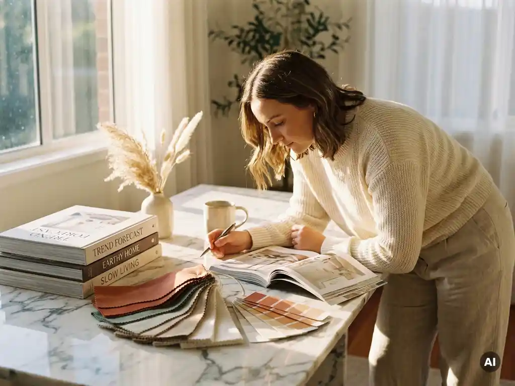 Interieurstyliste aan marmeren bureau met designmagazine, staalboeken en verfstalen in ivoor- en terracottakleuren, warm middaglicht.