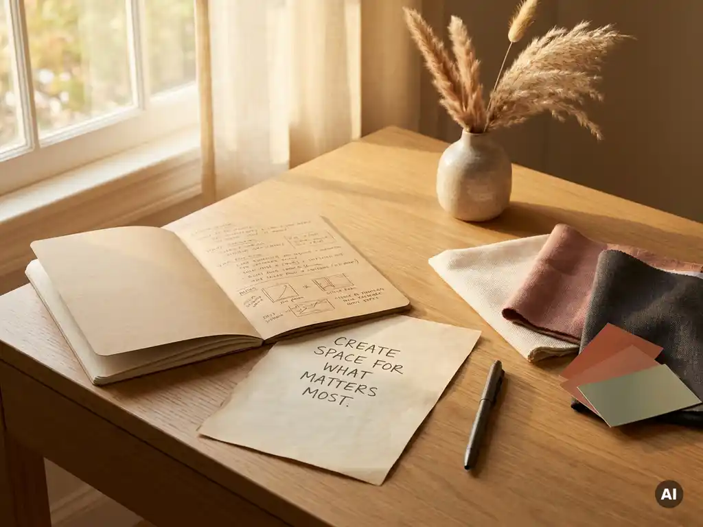 Interieurstyliste bureau met open kraftpapieren notitieboek, stoffen stalen, verfchips en droog pampasgras in warm middaglicht.