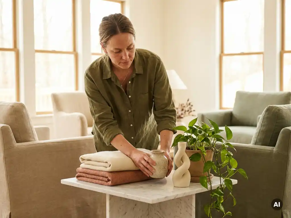 Interieurstyliste die een vignette arrangeert op een marmeren bijzettafel met keramiek, textiel en hangplant in een lichte woonkamer.