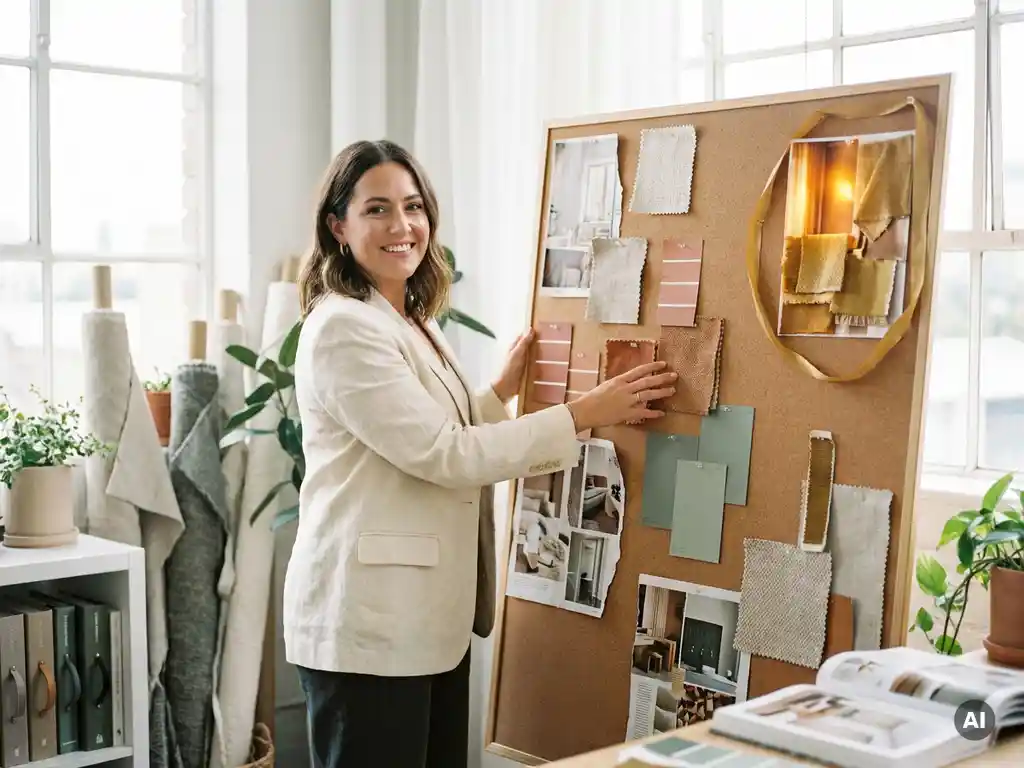 Interieurstyliste voor een moodboard met stofstalen, verfchips en magazinefoto's in crème, terracotta en salie groen.