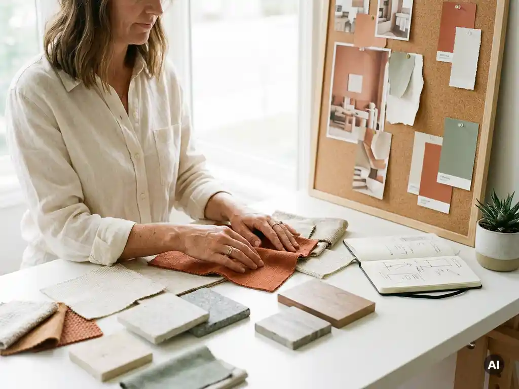 Interieurstyliste bekijkt stoffen en materiaaltalen op wit bureau, met moodboard in terracotta en salie, open notitieboek en vetplant.