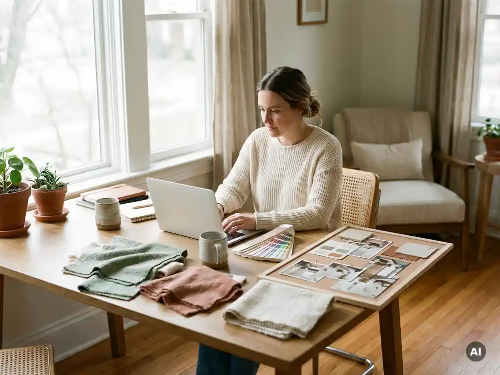 Vrouw studeert interieurontwerp op laptop aan Scandinavisch bureau met stoffen stalen, kleurenwaaier en moodboard in zacht natuurlijk licht.