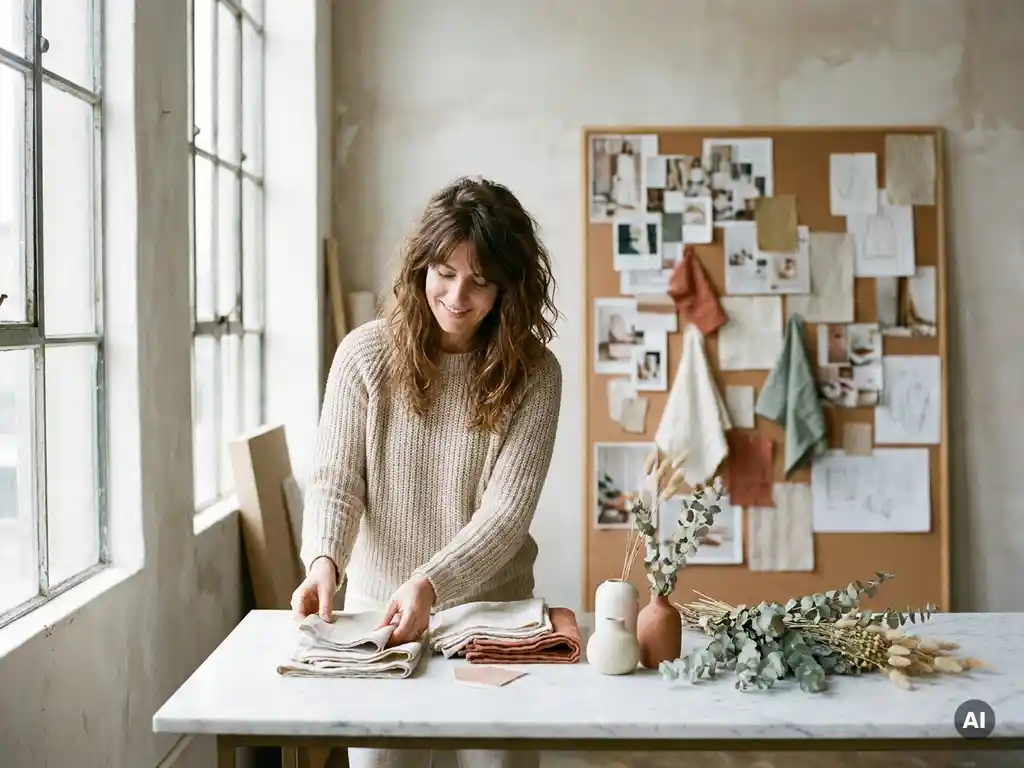 Vrouw in de veertig arrangeert linnenstalen, keramische vazen en gedroogde botanicals op een marmeren oppervlak, met een moodboard op de achtergrond.