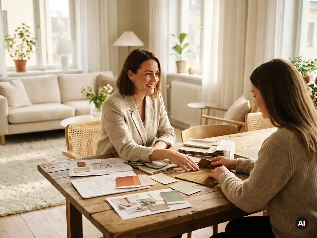 Interieurontwerper bespreekt moodboards en stofstalen met klant aan stijlvolle overlegtafel in Scandinavische woonkamer.