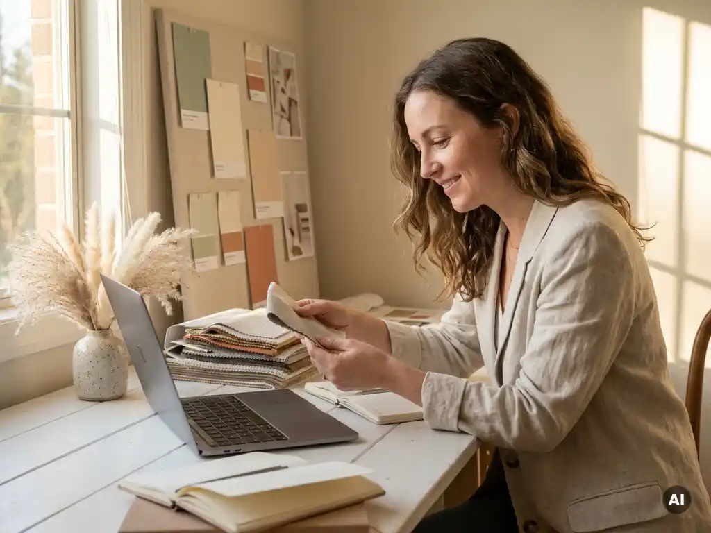 Vrouw bekijkt moodboard en stoffentesters aan wit bureau met laptop, pampagras en warm middaglicht in interieurdesign werkruimte.