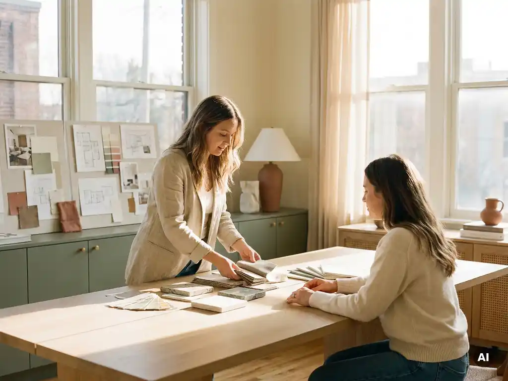 Interieurdesigner toont stoffen en materiaalstalen aan klant aan witte eiken tafel in licht Scandinavisch atelier.