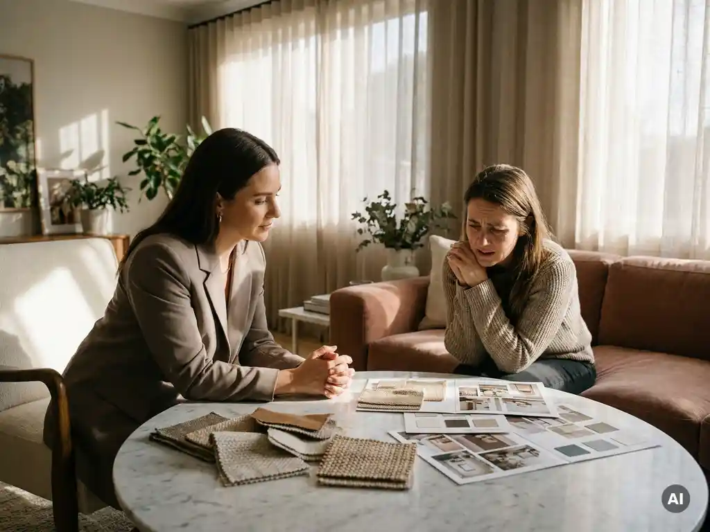 Interieurstyliste aan marmeren tafel met gespannen cliënt, stoffen en moodboards ertussen, warme taupe en terracotta tinten, zacht middaglicht.