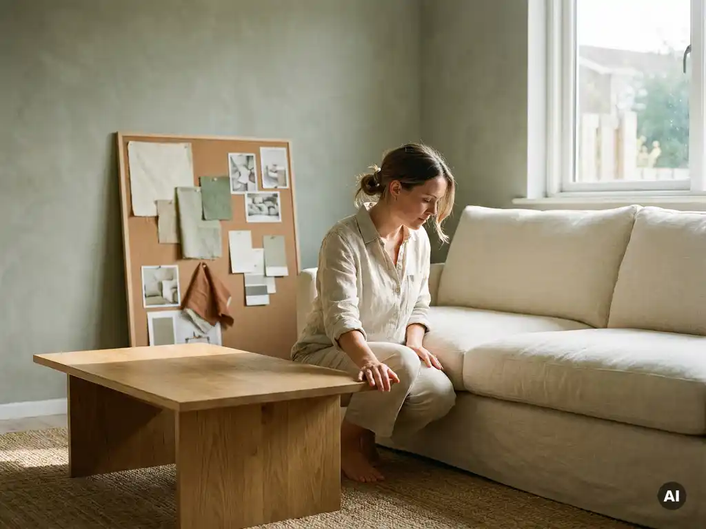 Interieurstyliste die een eiken salontafel rangschikt in een minimalistische woonkamer met linnen bank en moodboard op de achtergrond.
