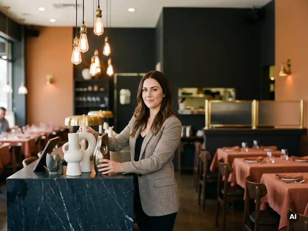 Interieurstyliste arrangeert sculptuurachtig decorstuk op marmeren gastenbureau in restaurant met terracotta en messingtinten.