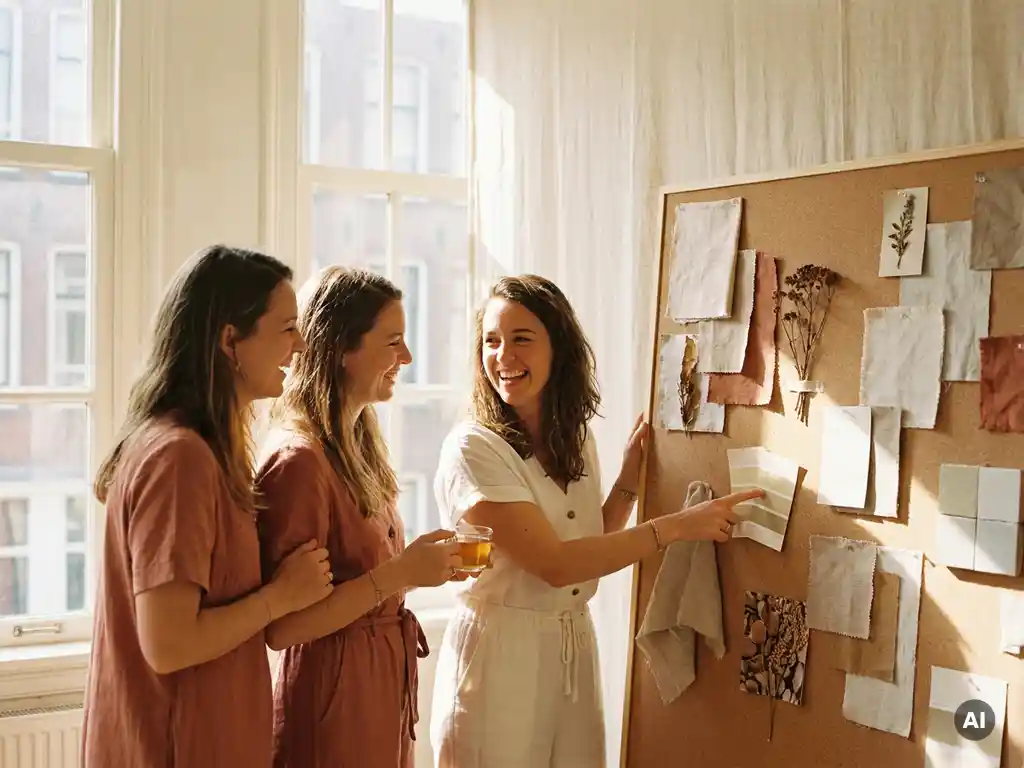 Drie interieurstylisten in een licht Amsterdams atelier, verzameld rond een moodboard met stoffen, verfstalen en materiaalsamples.