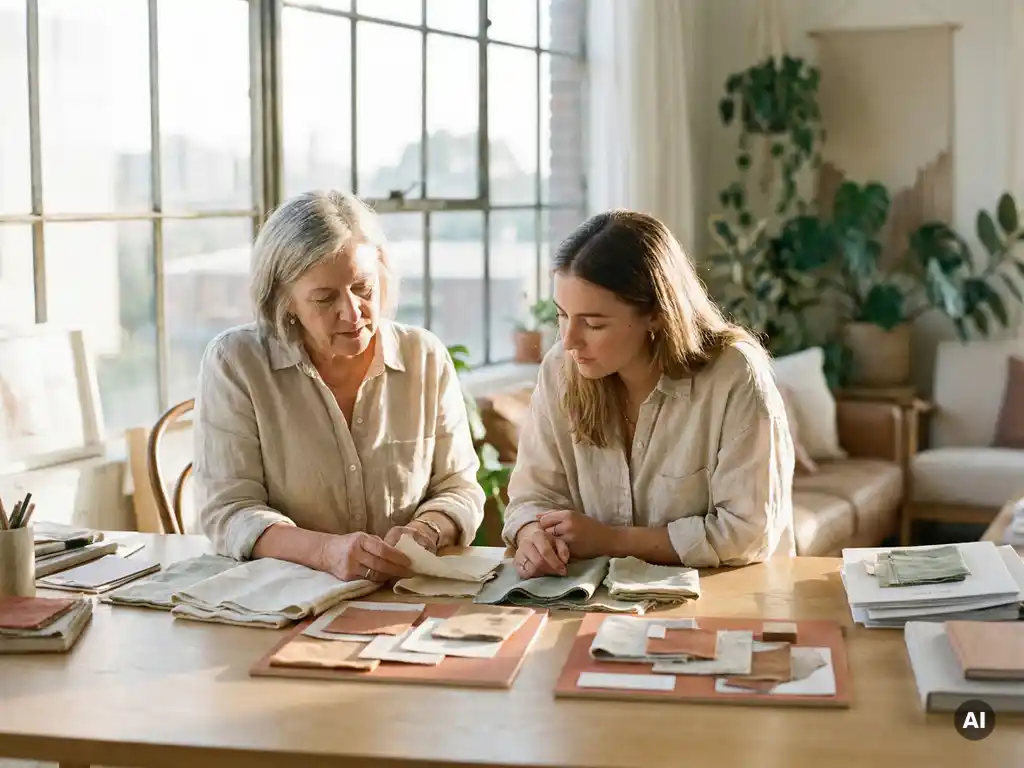Mentor en student bekijken stofstalen en interieurmoodboards samen aan een eiken bureau in warm middagzonlicht.