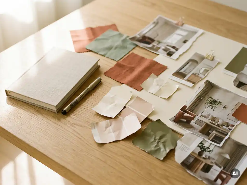 Halfafgemaakt moodboard op licht eiken bureau met terracotta en salie groene stofstalen, verfchips en tijdschriftknipsels in warm ochtendlicht.