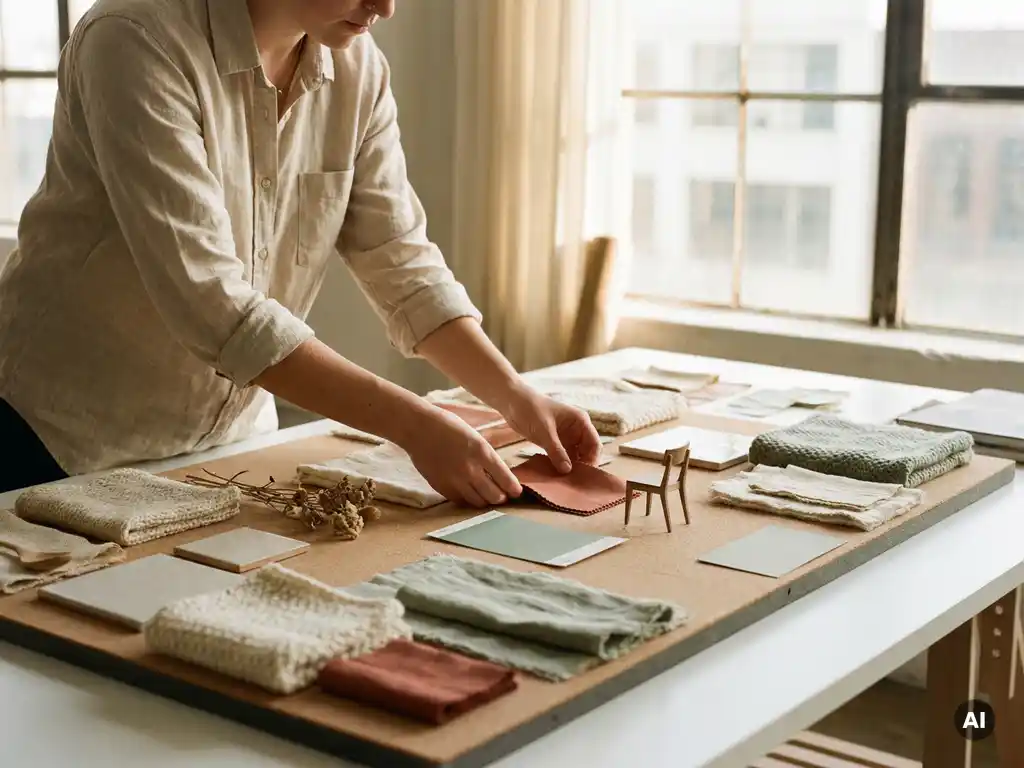 Ontwerpstudent rangschikt stofffragmenten, verfstalen en meubelminiaturen op een moodboard in een lichte studio met warm natuurlijk licht.