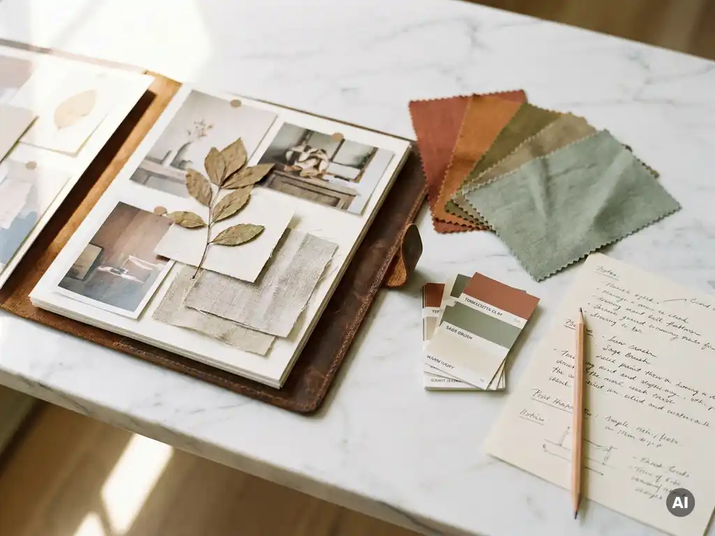 Open leren moodboard met terracotta en sagegroene stoffen, verfkaarten en handgeschreven stijlnotities op wit marmeren bureau.
