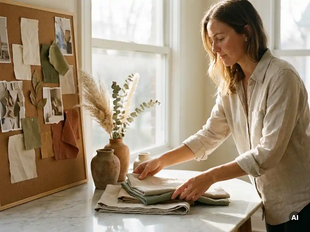 Vrouw arrangeert linnen textiel, keramiek en gedroogde botanicals op marmeren oppervlak, warm middaglicht, aardetinten.