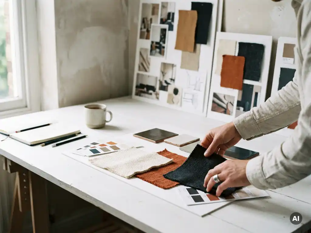Designstudent schikt stoofstalen, verfchips en materiaalmonsters op wit bureaubureau, omringd door interieur moodboards in crème- en terracottakleuren.