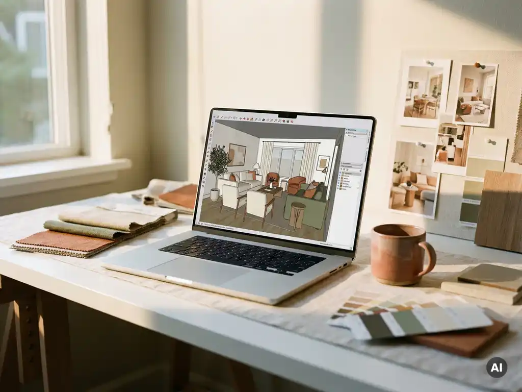 Laptop met 3D interieurontwerp in SketchUp op wit designbureau, omringd door stoffenstalen, moodboard en keramische koffiemok.