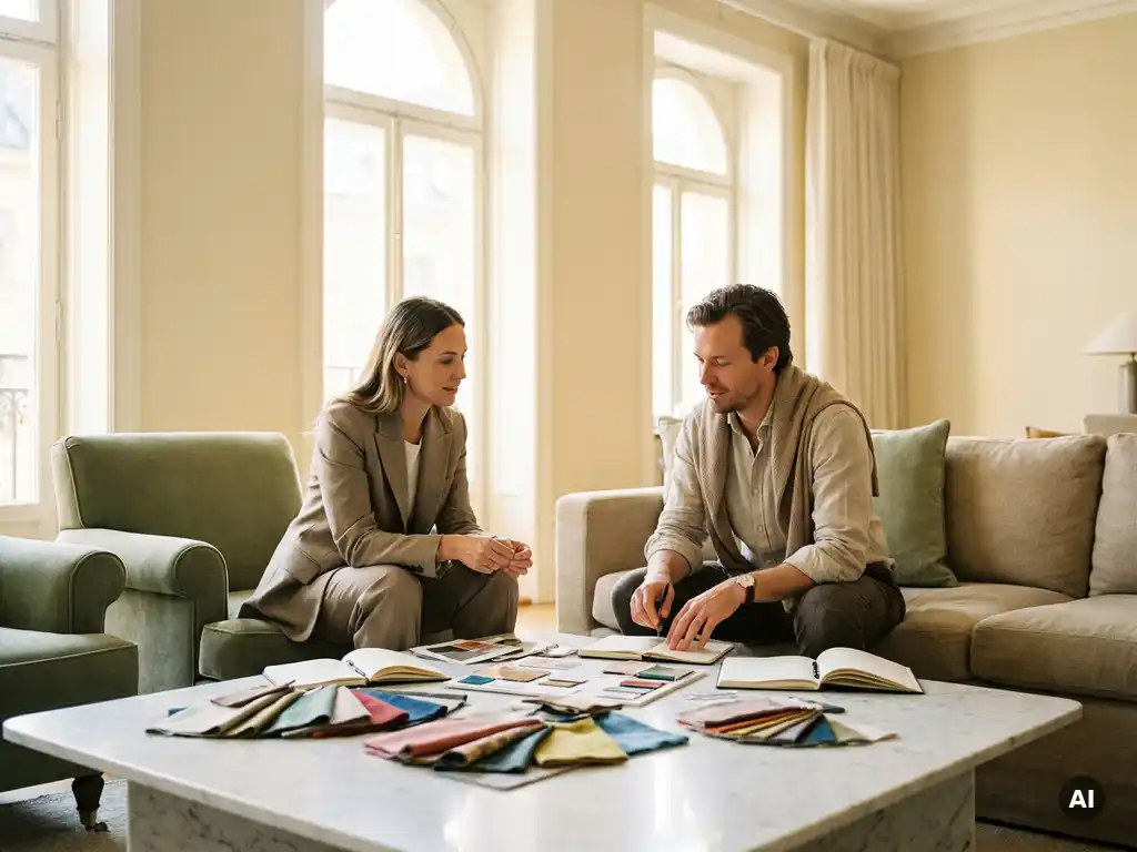 Klant en stylist in overleg in een lichte woonkamer met stoffen en moodboards op een marmeren salontafel.