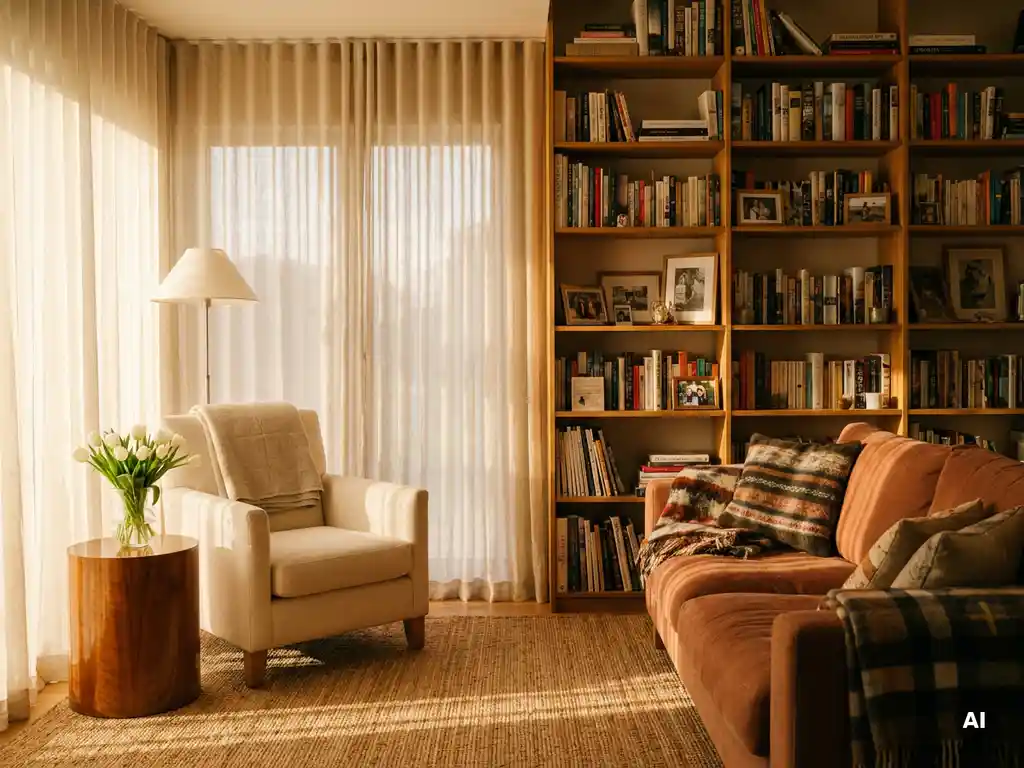 Woonkamer met witte tulpen en linnen plaid voor woningverkoop, naast persoonlijke boekenkast in ivoor en terracottakleuren met middaglicht.